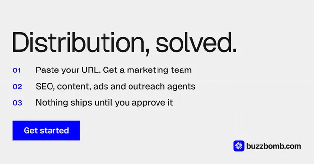 Social ad for BuzzBomb: "Distribution, solved." Swiss style, numbered layout, light palette in white, blue.