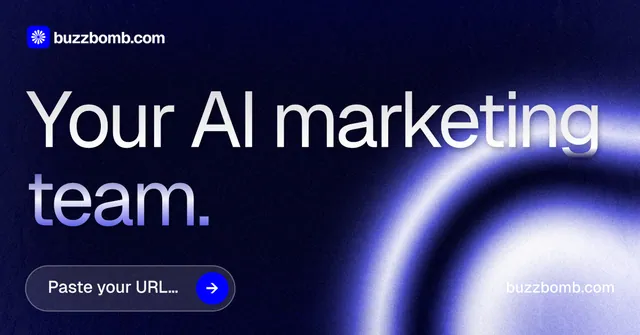 Social ad for BuzzBomb: "Your AI marketing team." Agentic glass style, poster layout, dark palette in black, blue.