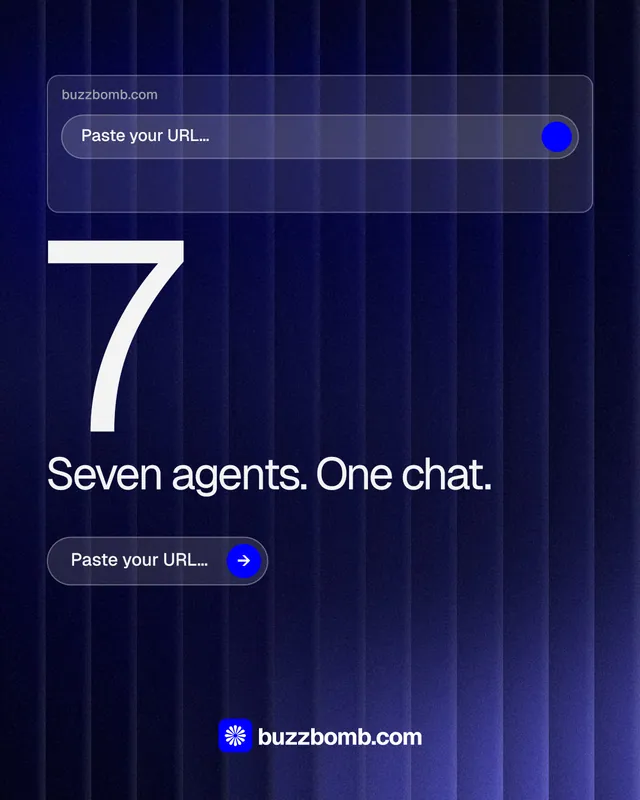 Instagram portrait post for BuzzBomb: "Seven agents. One chat." Agentic glass style, stat layout, dark palette in blue, black.