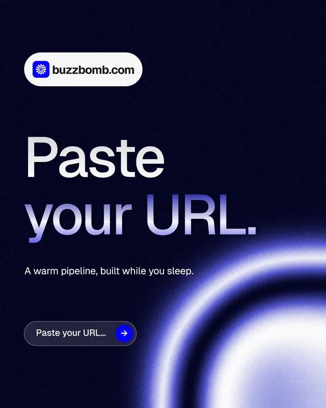 Instagram portrait post for BuzzBomb: "Paste your URL." Agentic glass style, announce layout, dark palette in black, blue.