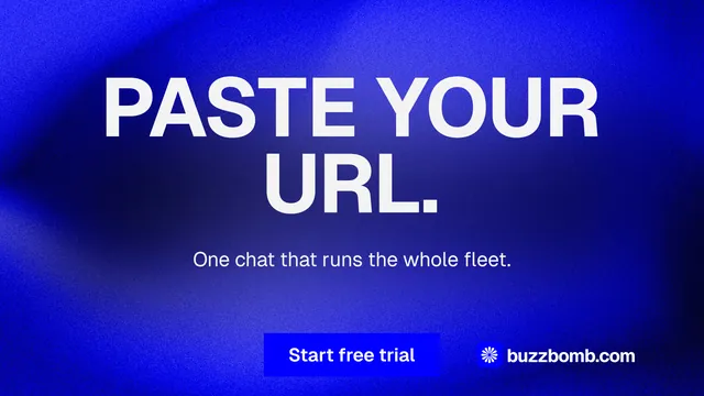Landscape graphic for BuzzBomb: "Paste your URL." Swiss style, centred layout, dark palette in blue.