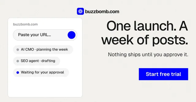 Social ad for BuzzBomb: "One launch. A week of posts." Swiss style, right layout, light palette in white, blue.