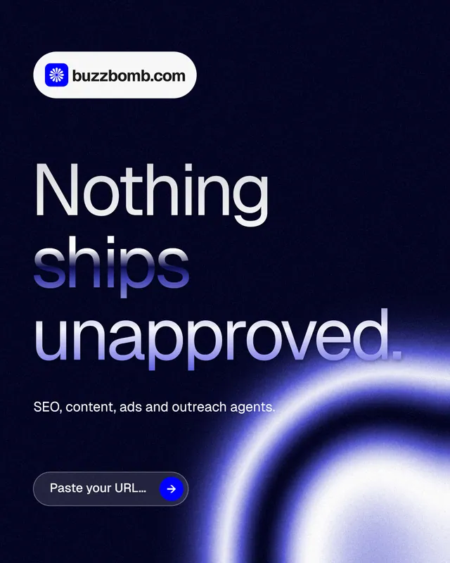 Instagram portrait post for BuzzBomb: "Nothing ships unapproved." Agentic glass style, announce layout, dark palette in black, blue.