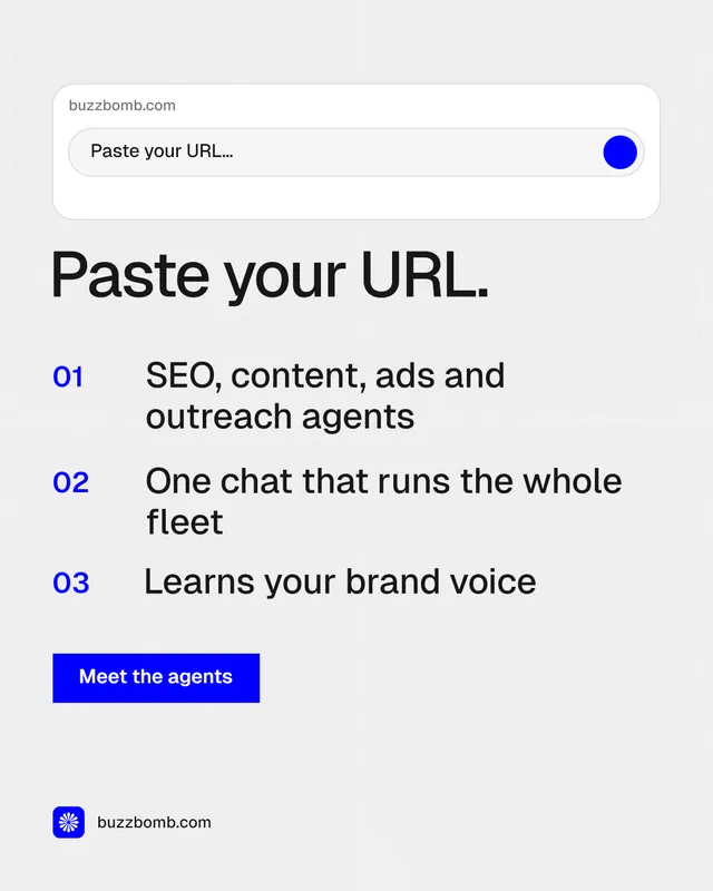 Instagram portrait post for BuzzBomb: "Paste your URL." Swiss style, numbered layout, light palette in white, blue.