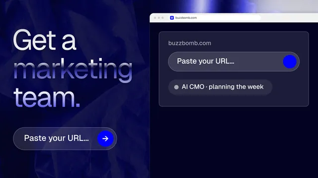 Landscape graphic for BuzzBomb: "Get a marketing team." Agentic glass style, browser layout, dark palette in black, blue, grey.