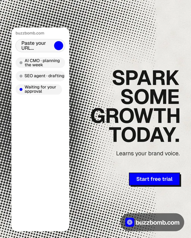 Instagram portrait post for BuzzBomb: "Spark some growth today." Brutalist style, right layout, light palette in white, grey.