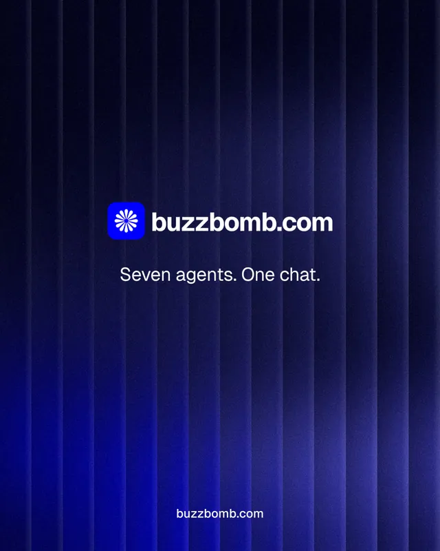Instagram portrait post for BuzzBomb: "Seven agents. One chat." Agentic glass style, end card layout, dark palette in black, blue.