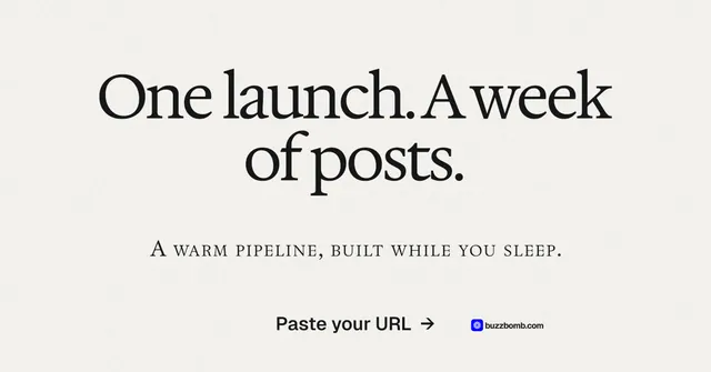 Social ad for BuzzBomb: "One launch. A week of posts." Swiss style, smallcaps layout, light palette in white, grey.