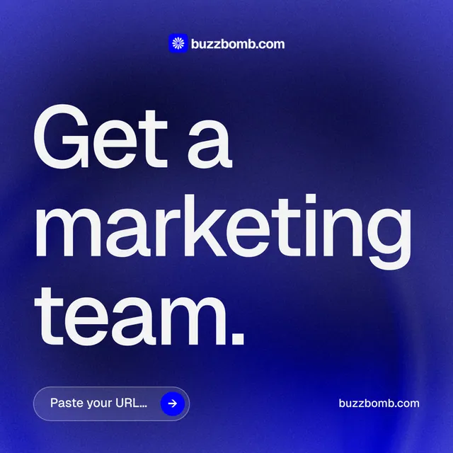 Instagram post for BuzzBomb: "Get a marketing team." Agentic glass style, poster layout, dark palette in blue.