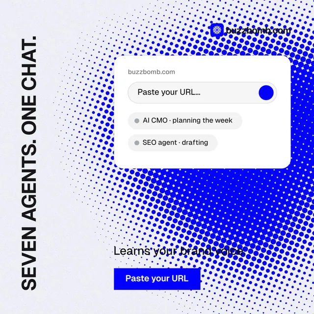 Instagram post for BuzzBomb: "Seven agents. One chat." Split block style, vertical layout, light palette in white, blue.