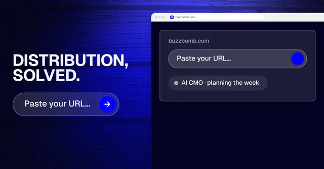 Social ad for BuzzBomb: "Distribution, solved." Agentic glass style, browser layout, dark palette in black, blue.