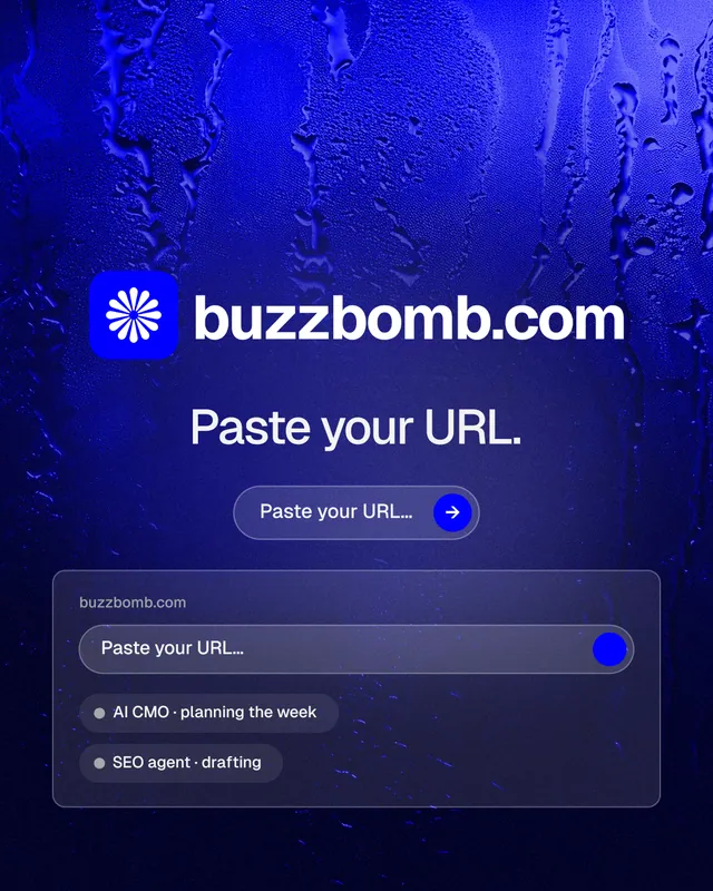 Instagram portrait post for BuzzBomb: "Paste your URL." Agentic glass style, logo hero layout, dark palette in blue.