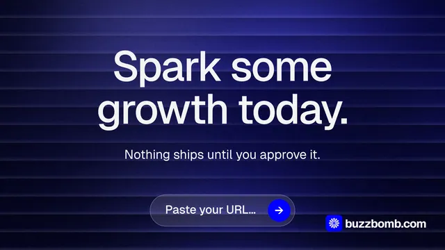 Landscape graphic for BuzzBomb: "Spark some growth today." Agentic glass style, centred layout, dark palette in blue, black.