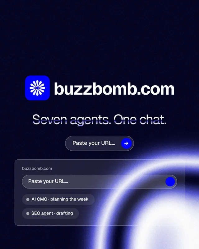 Instagram portrait post for BuzzBomb: "Seven agents. One chat." Agentic glass style, logo hero layout, dark palette in black, blue.