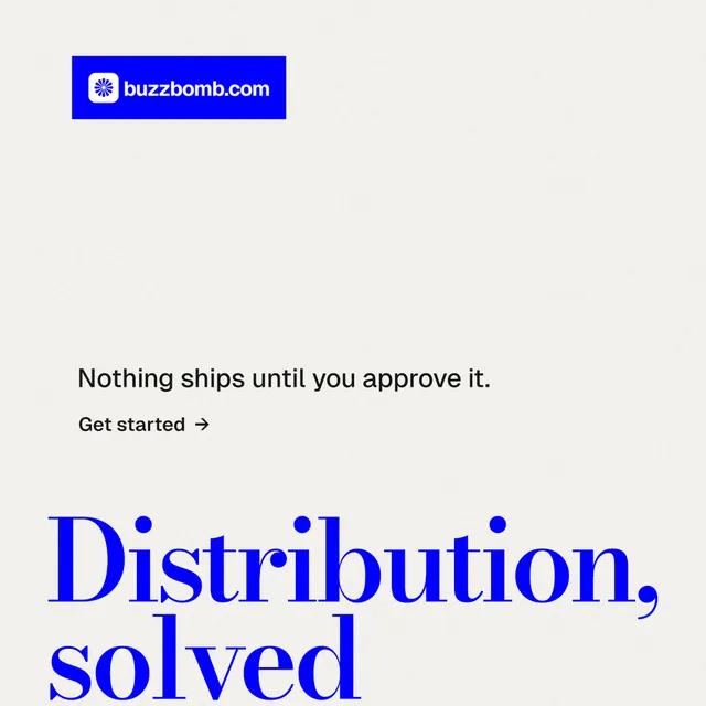 Instagram post for BuzzBomb: "Get a marketing team." Minimal luxury style, oversized layout, light palette in white, blue.