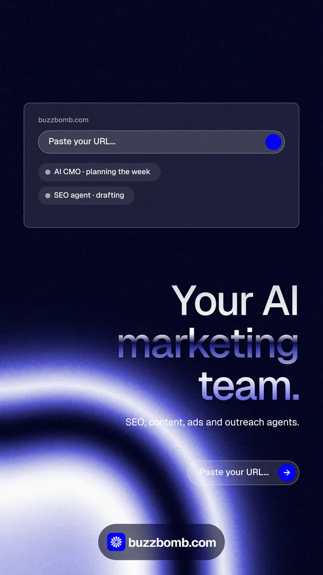 Instagram story for BuzzBomb: "Your AI marketing team." Agentic glass style, right layout, dark palette in black, blue.