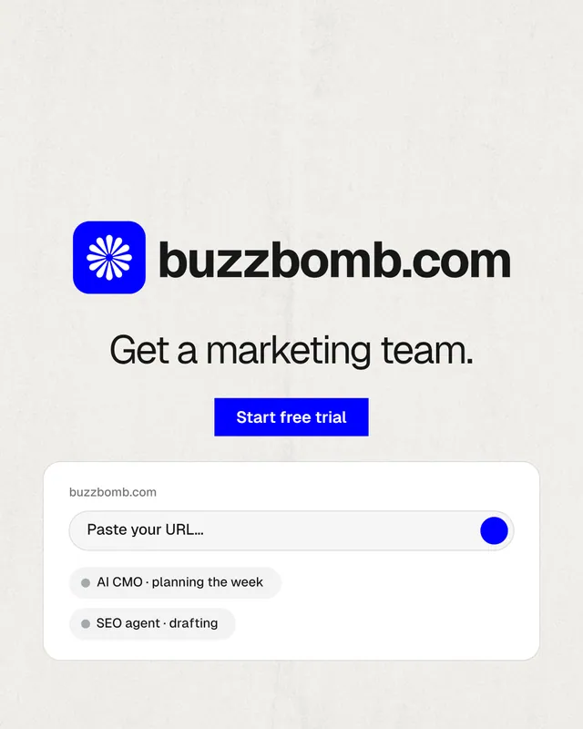 Instagram portrait post for BuzzBomb: "Get a marketing team." Swiss style, logo hero layout, light palette in white, blue.