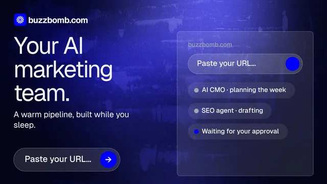Landscape graphic for BuzzBomb: "Your AI marketing team." Agentic glass style, bottom layout, dark palette in black, blue.