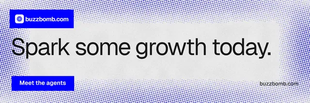 X header for BuzzBomb: "Spark some growth today." Swiss style, poster layout, light palette in blue, white.