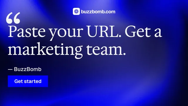 Landscape graphic for BuzzBomb: "Get a marketing team." Swiss style, quote layout, dark palette in blue.