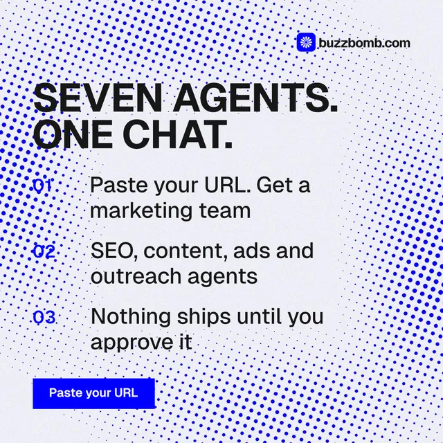 Instagram post for BuzzBomb: "Seven agents. One chat." Swiss style, numbered layout, light palette in blue, white.