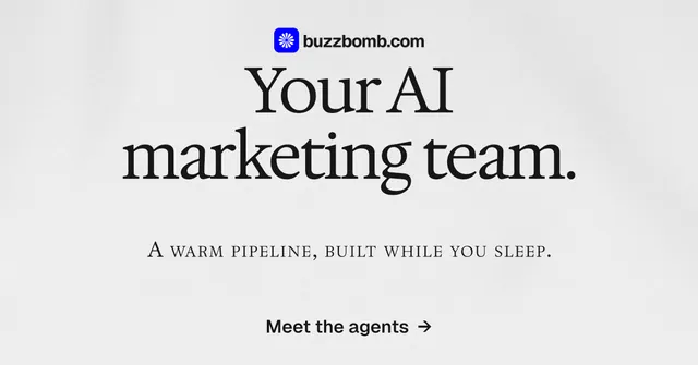 Social ad for BuzzBomb: "Your AI marketing team." Swiss style, smallcaps layout, light palette in white, grey.