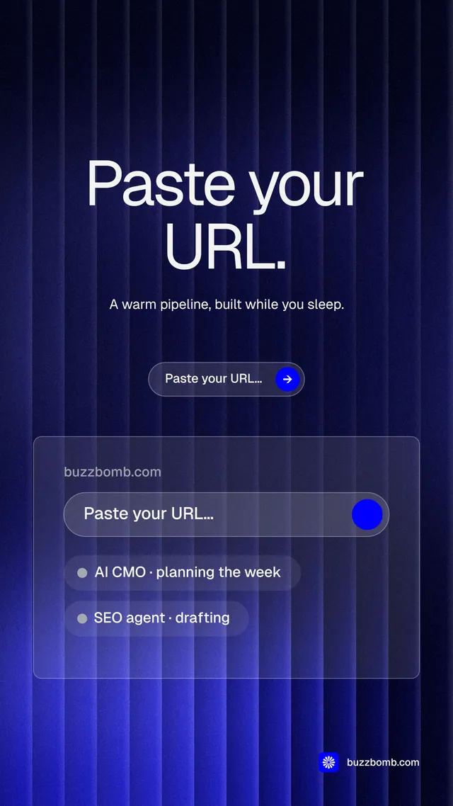 Instagram story for BuzzBomb: "Paste your URL." Agentic glass style, centred layout, dark palette in blue, black.