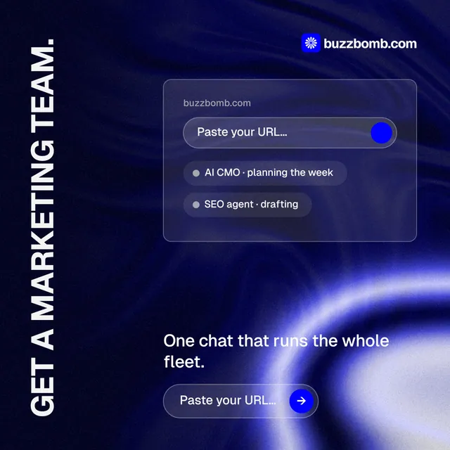 Instagram post for BuzzBomb: "Get a marketing team." Agentic glass style, vertical layout, dark palette in black, blue.