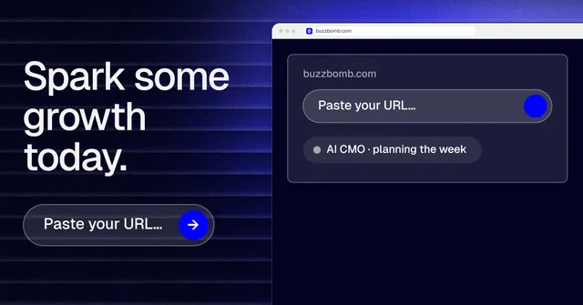 Social ad for BuzzBomb: "Spark some growth today." Agentic glass style, browser layout, dark palette in blue, black, grey.