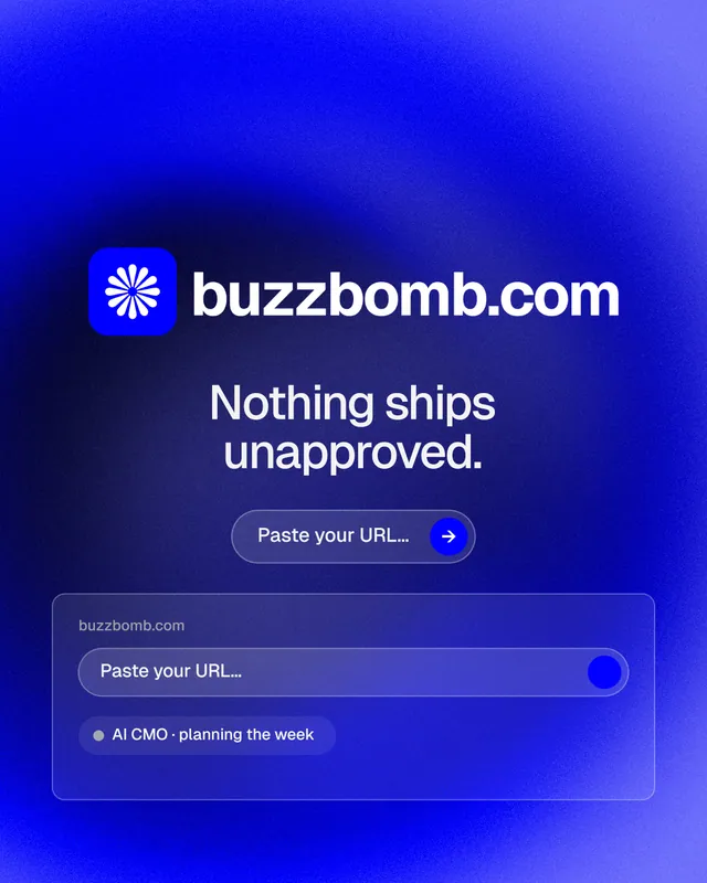 Instagram portrait post for BuzzBomb: "Nothing ships unapproved." Agentic glass style, logo hero layout, dark palette in blue.