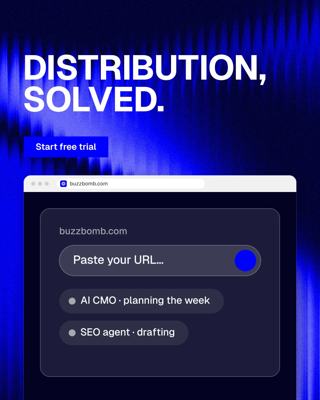Instagram portrait post for BuzzBomb: "Distribution, solved." Swiss style, browser layout, dark palette in blue, black.