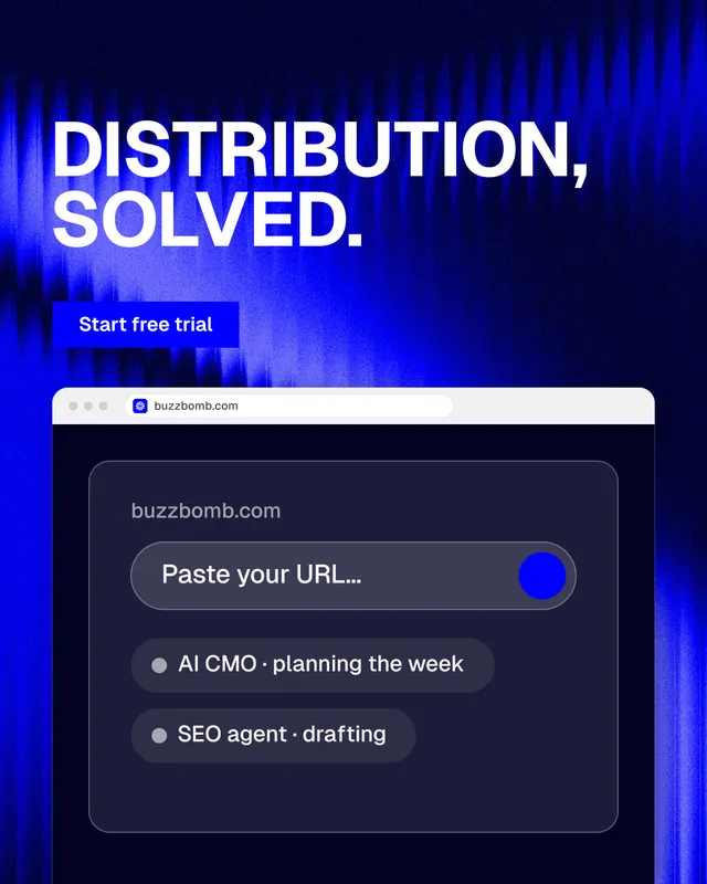 Instagram portrait post for BuzzBomb: "Distribution, solved." Swiss style, browser layout, dark palette in blue, black.