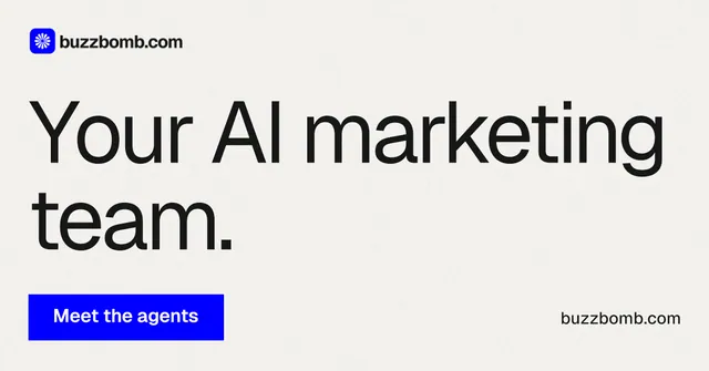 Social ad for BuzzBomb: "Your AI marketing team." Swiss style, poster layout, light palette in white, grey.