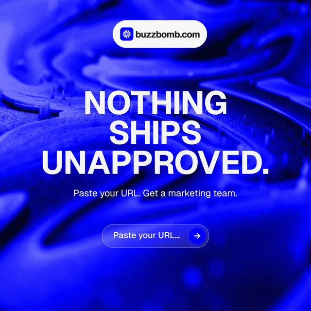 Instagram post for BuzzBomb: "Nothing ships unapproved." Agentic glass style, centred layout, dark palette in blue.