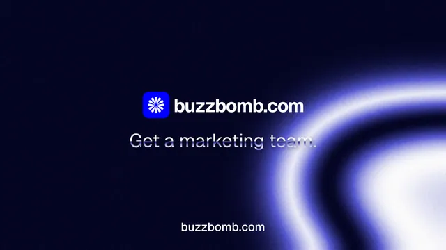 Landscape graphic for BuzzBomb: "Get a marketing team." Agentic glass style, end card layout, dark palette in black, blue.