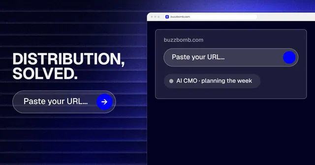 Social ad for BuzzBomb: "Distribution, solved." Agentic glass style, browser layout, dark palette in blue, black.