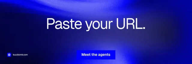 X header for BuzzBomb: "Paste your URL." Swiss style, centred layout, dark palette in blue.