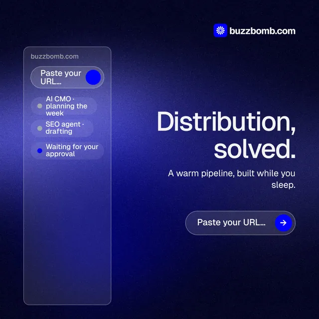 Instagram post for BuzzBomb: "Distribution, solved." Agentic glass style, right layout, dark palette in black, blue.