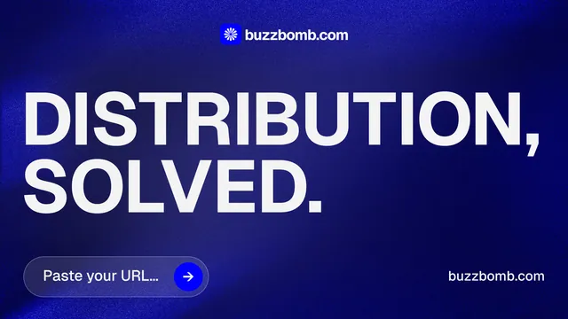 Landscape graphic for BuzzBomb: "Distribution, solved." Agentic glass style, poster layout, dark palette in blue, white.