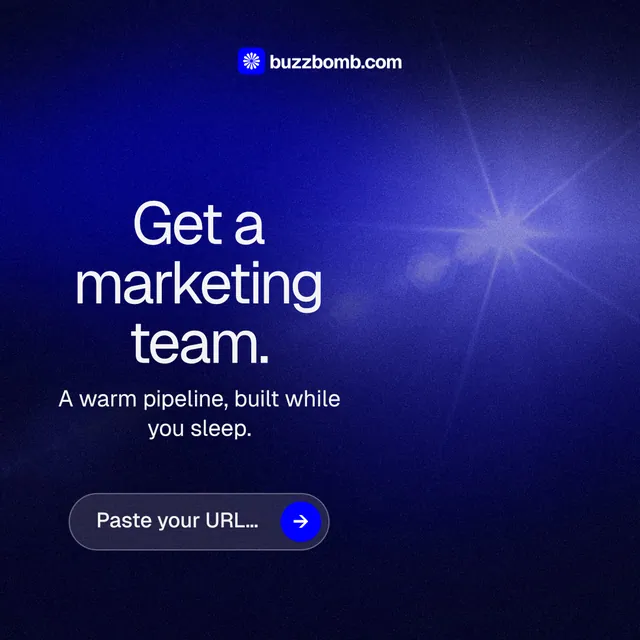 Instagram post for BuzzBomb: "Get a marketing team." Agentic glass style, skeleton layout, dark palette in black, blue.