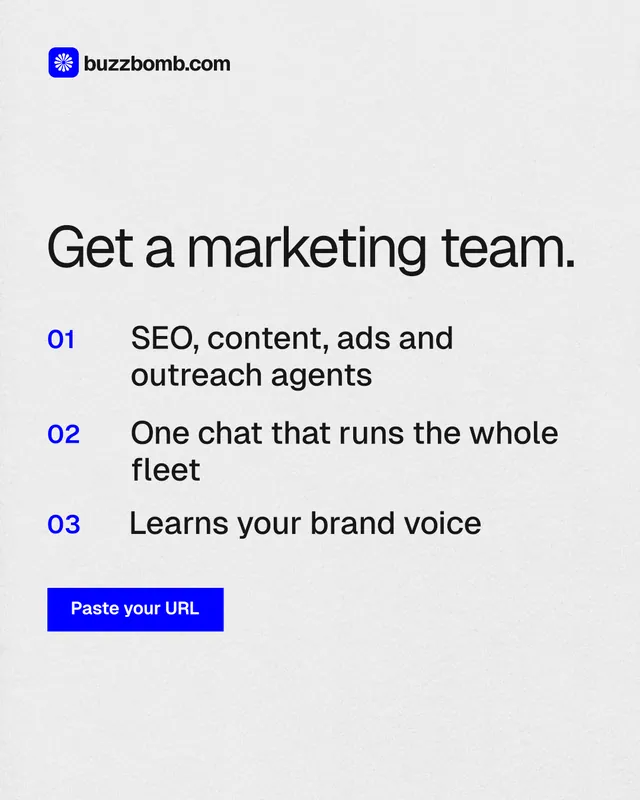 Instagram portrait post for BuzzBomb: "Get a marketing team." Swiss style, numbered layout, light palette in white, grey.