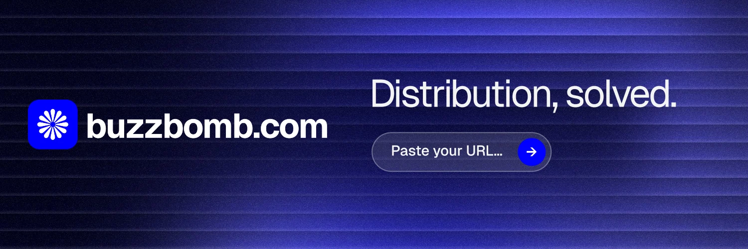 X header for BuzzBomb: "Distribution, solved." Agentic glass style, logo hero layout, dark palette in black, blue.