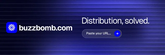 X header for BuzzBomb: "Distribution, solved." Agentic glass style, logo hero layout, dark palette in black, blue.