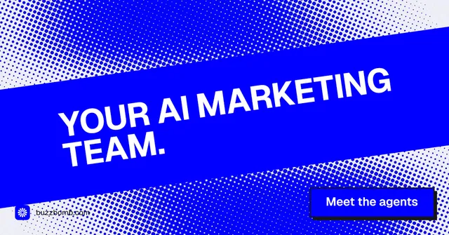 Social ad for BuzzBomb: "Your AI marketing team." Brutalist style, diagonal layout, dark palette in blue.