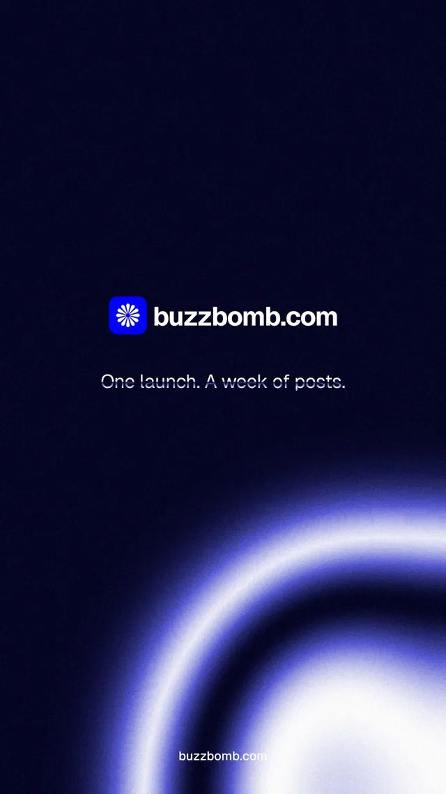 Instagram story for BuzzBomb: "One launch. A week of posts." Agentic glass style, end card layout, dark palette in black, blue.