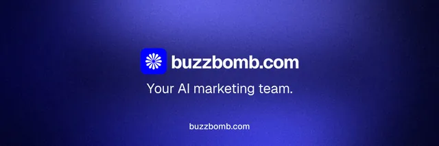 X header for BuzzBomb: "Your AI marketing team." Agentic glass style, end card layout, dark palette in blue.
