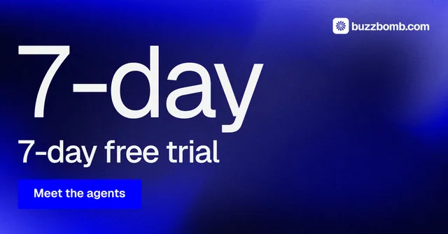 Social ad for BuzzBomb: "Distribution, solved." Swiss style, stat layout, dark palette in blue.