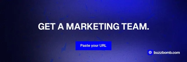 X header for BuzzBomb: "Get a marketing team." Swiss style, centred layout, dark palette in black, blue.