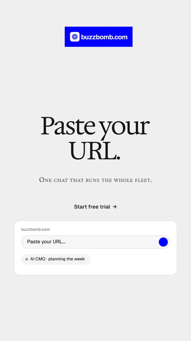 Instagram story for BuzzBomb: "Paste your URL." Swiss style, smallcaps layout, light palette in white, blue.