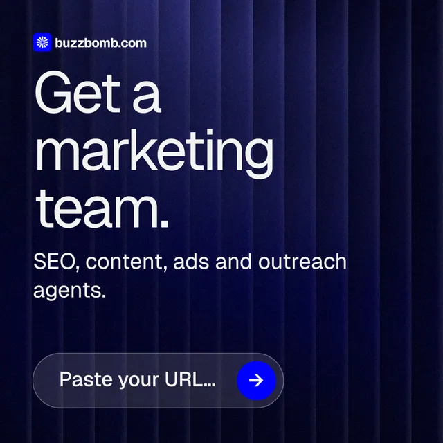 Instagram post for BuzzBomb: "Get a marketing team." Agentic glass style, skeleton layout, dark palette in black, blue, grey.